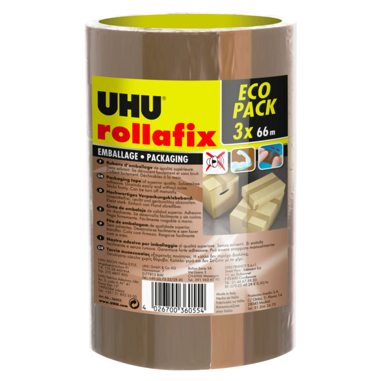 UHU Rollafix - Rubans adhésif d'emballage brun, lot de 3 rubans 66m x 50mm