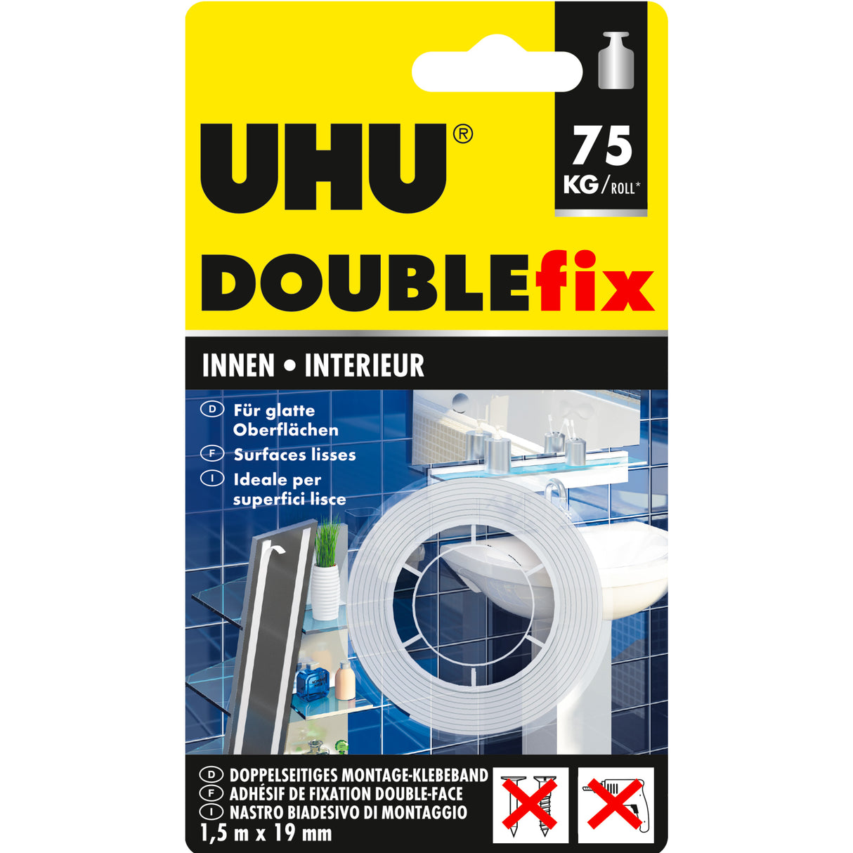UHU Doublefix intérieur extra fort - Ruban adhésif double face, ultra puissant, blanc, rouleau 1.5mx19mm