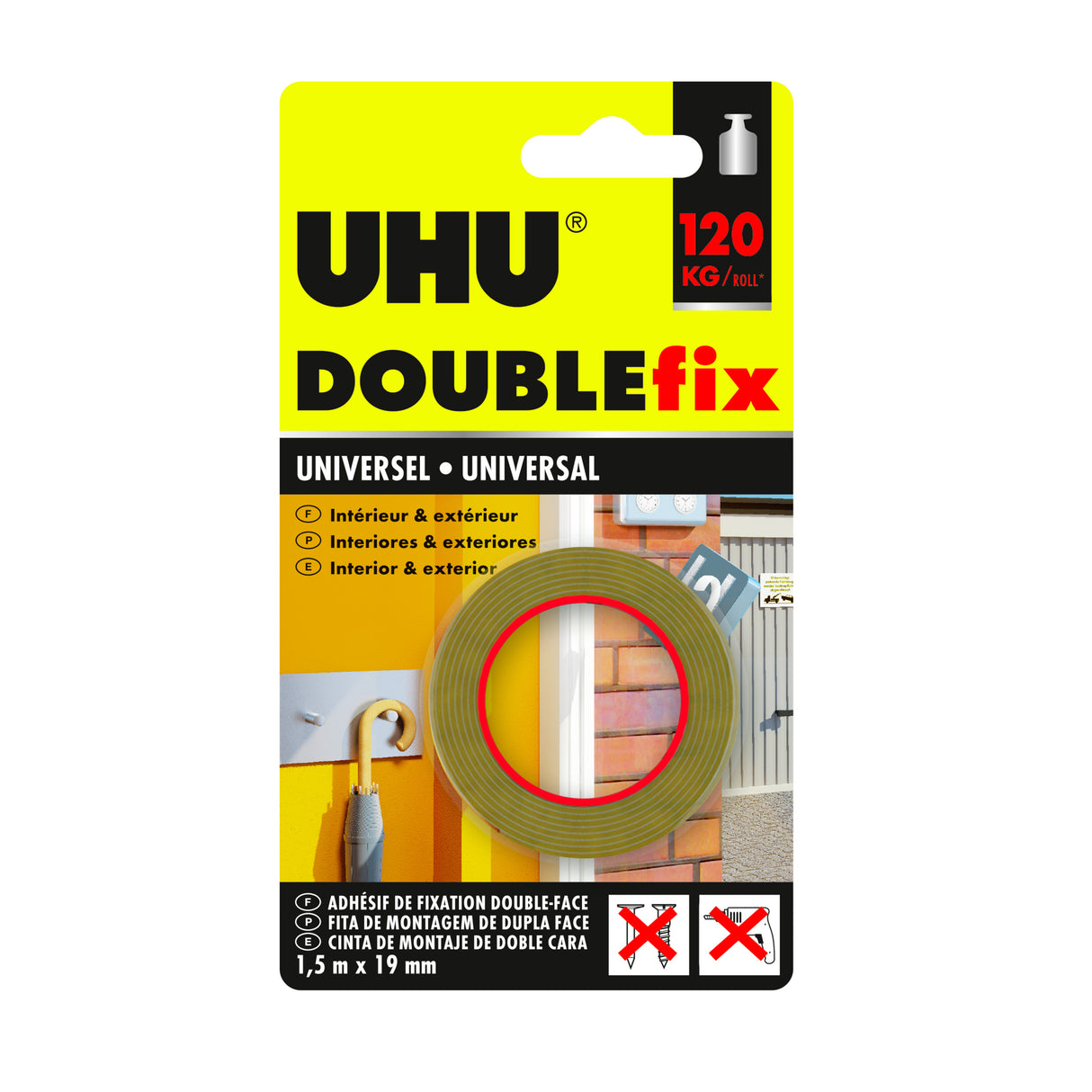 UHU Doublefix Universel - Ruban adhésif double face, ultra fort, résistance à 120 Kg, blanc, rouleau de 1,50 M X 19 mm