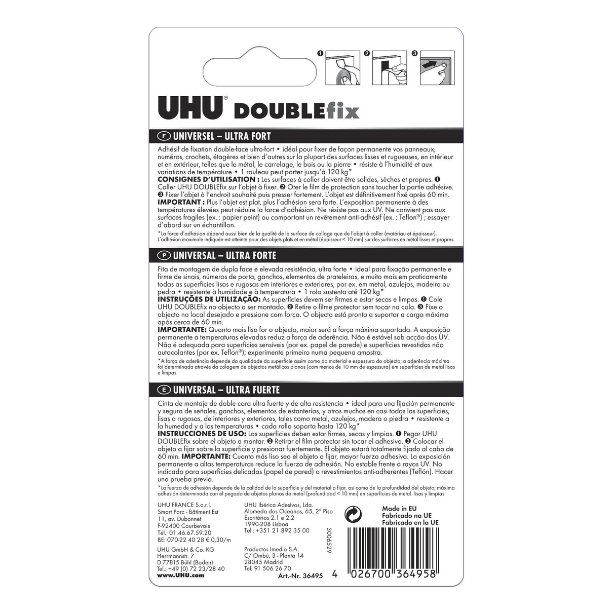 UHU Doublefix Universel - Ruban adhésif double face, ultra fort, résistance à 120 Kg, blanc, rouleau de 1,50 M X 19 mm