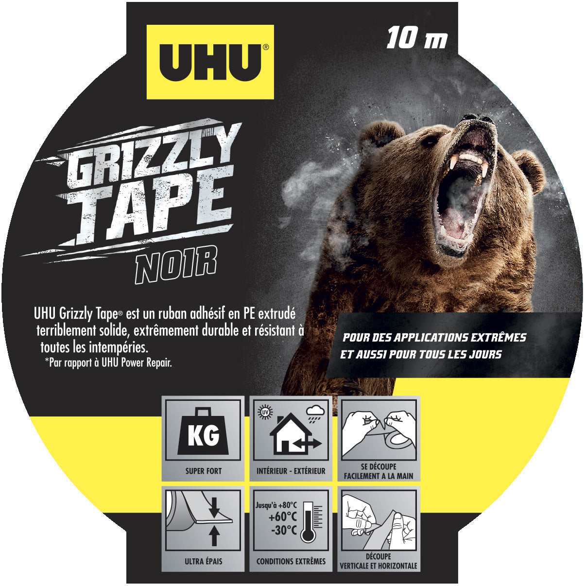 UHU Grizzly tape - Ruban adhésif toilé waterproof pour réparer, consolider, colmater, connecter, ultra fort et durable, noir, 10mx50mm