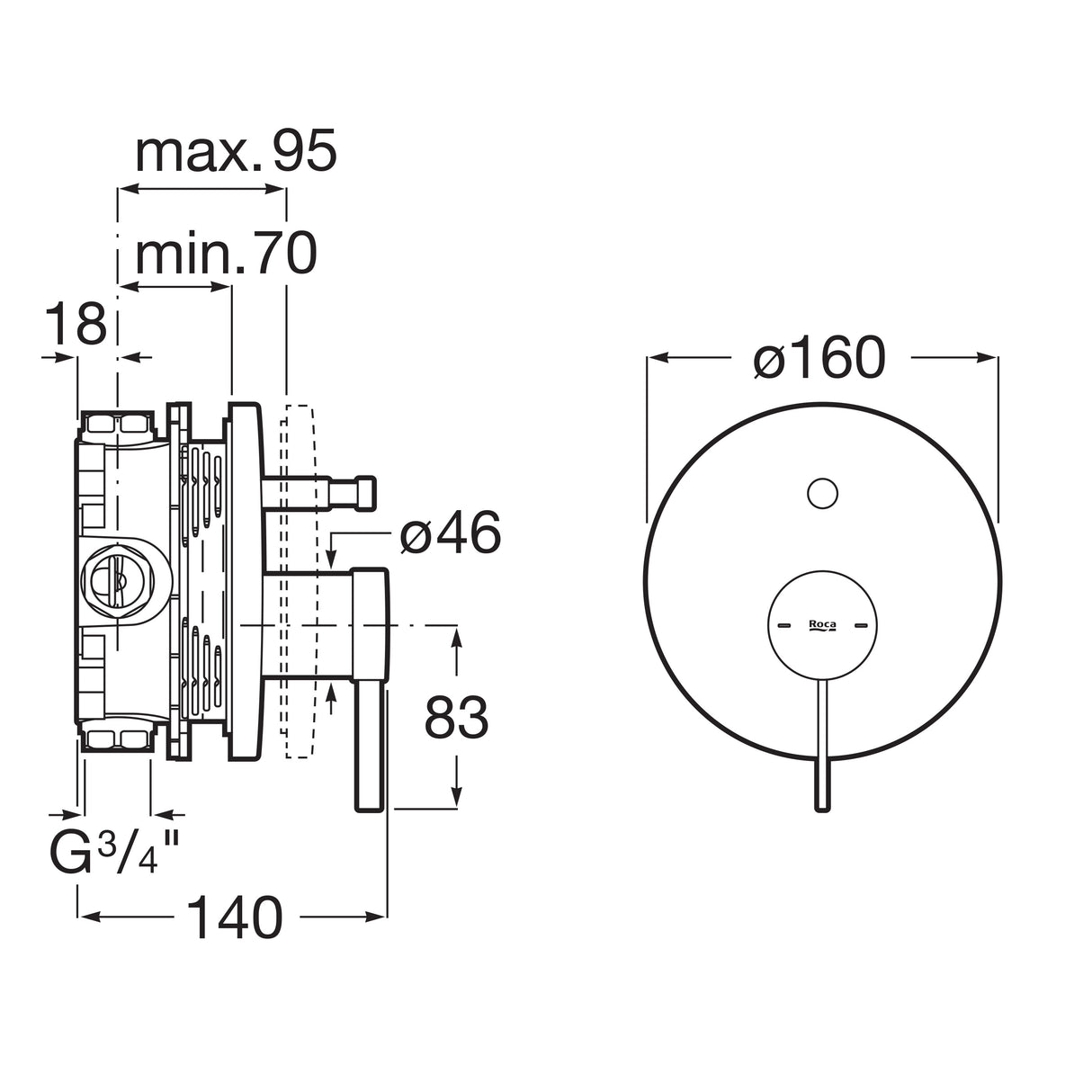 ROCA Mitigeur de bain-douche à encastrer sur Rocabox 2 voies Ona