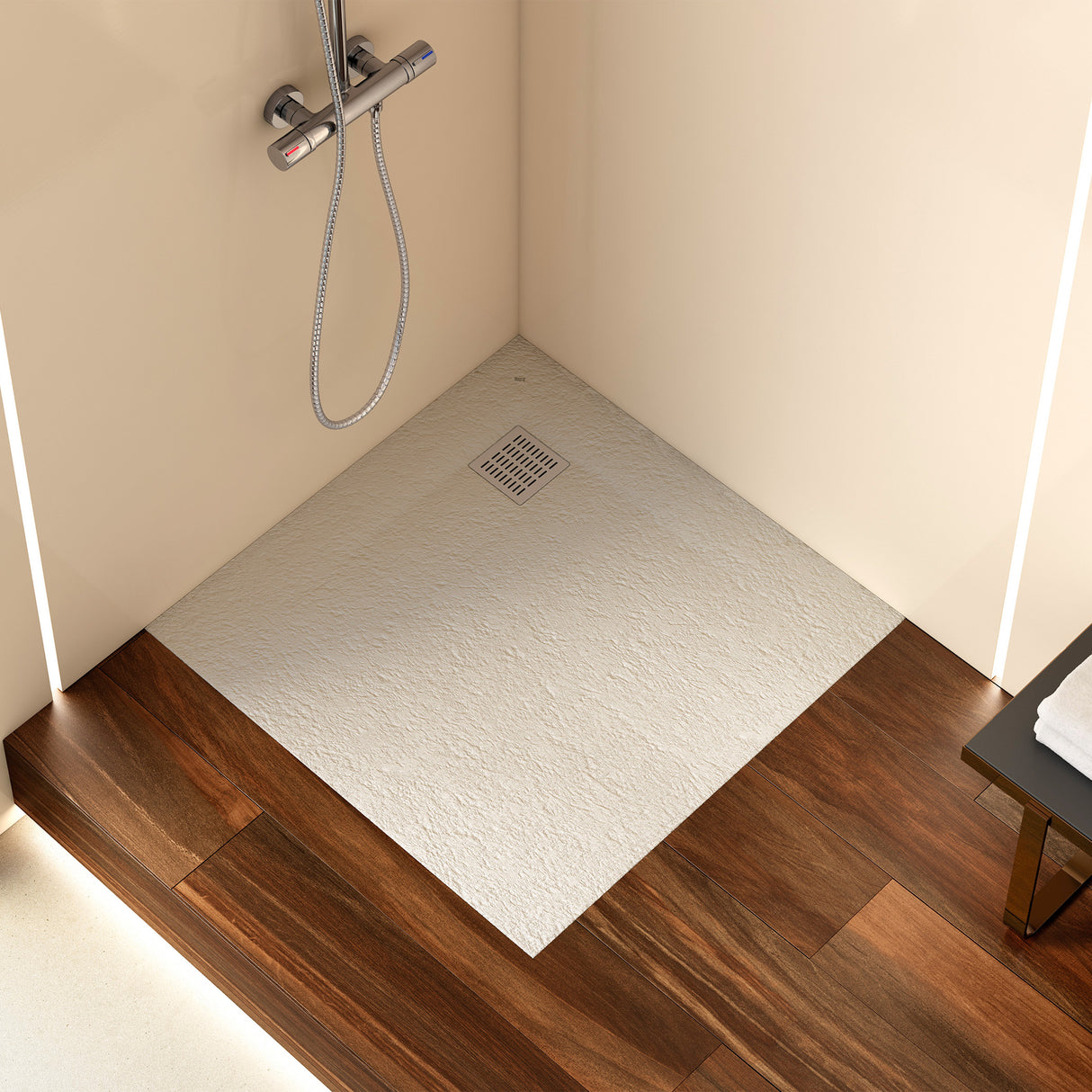 ROCA Receveur de douche carré Stonex antidérapant et découpable avec grille acier inox POLO+