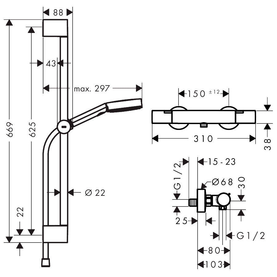 HANSGROHE Set de douche 105 3 jets Pulsify Select S EcoSmart avec barre, flexible et thermostatique Ecostat Fine C3 24242000