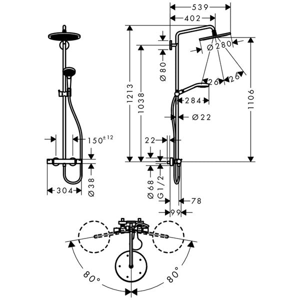 HANSGROHE Colonne de douche 280 1 jet Croma EcoSmart avec mitigeur thermostatique 26794000