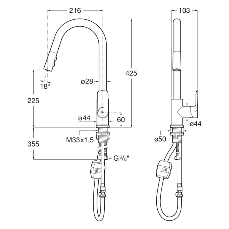 ROCA Robinet de cuisine 2 jets bec haut avec douchette Cala