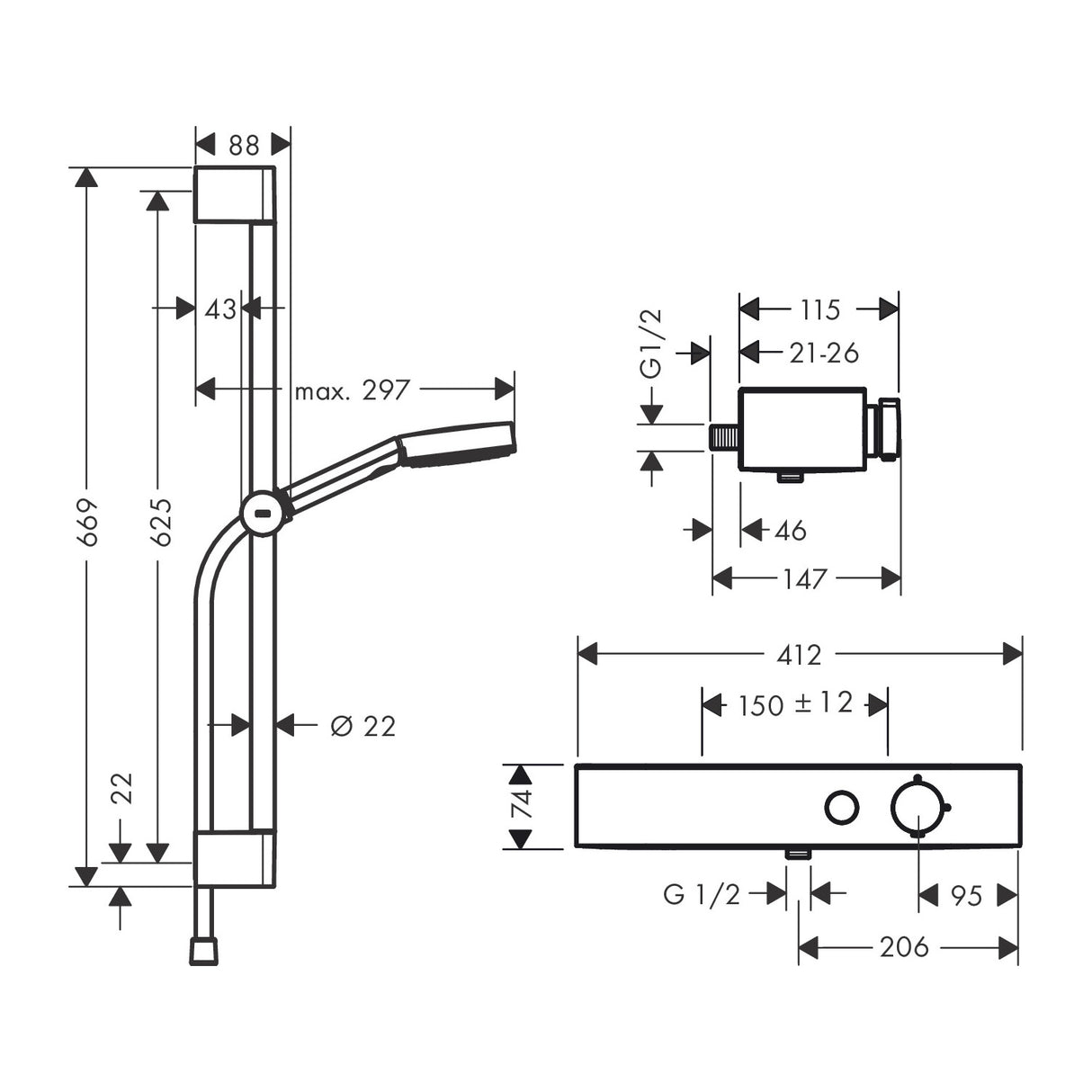 HANSGROHE Set de douche 105 3 jets Pulsify Select S avec barre ShowerTablet Select 400 et flexible 24260000