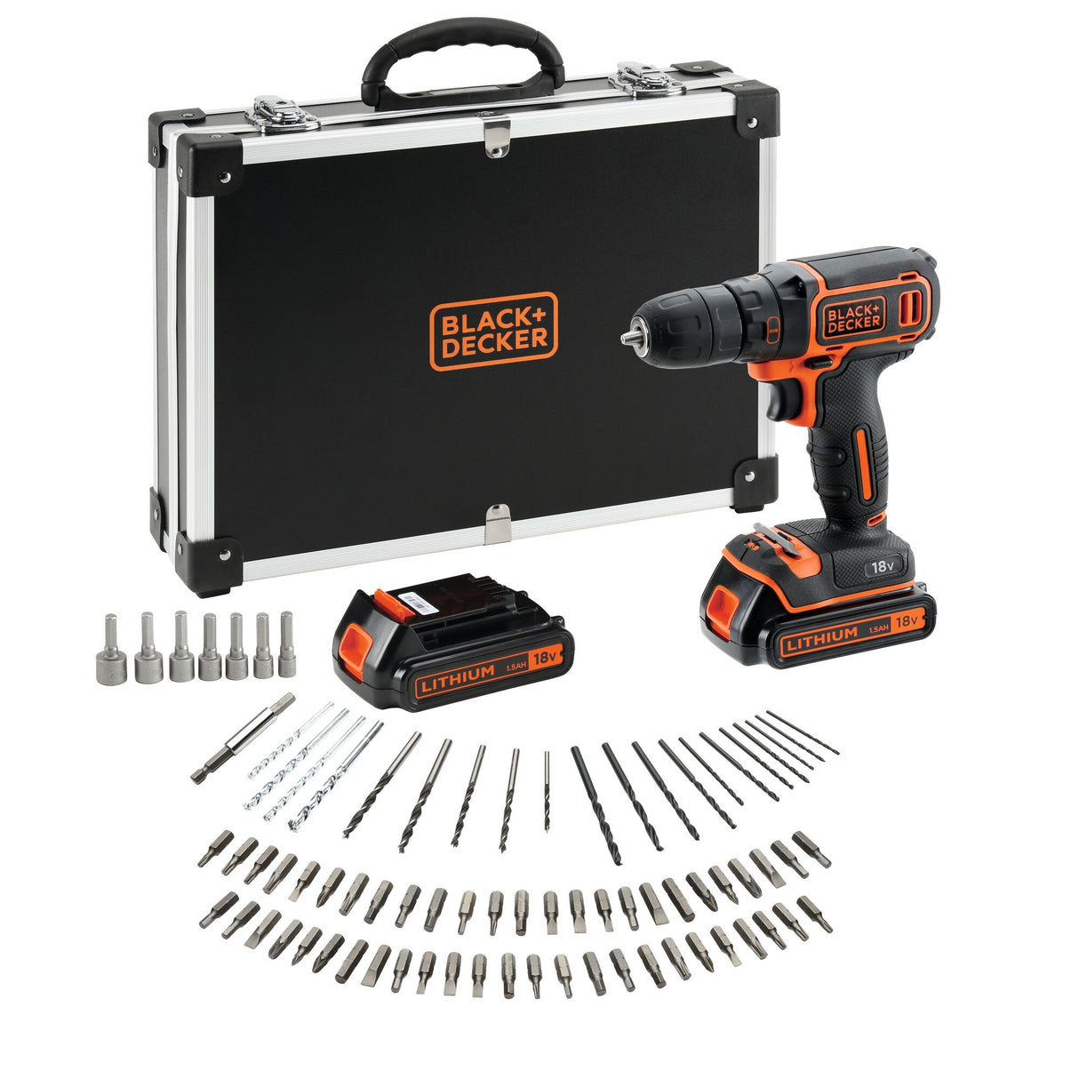 BLACK+DECKER Perceuse-visseuse sans fil 18V batteries 1,5Ah et chargeur et 80 accessoires BDCDC18BAFC-QW