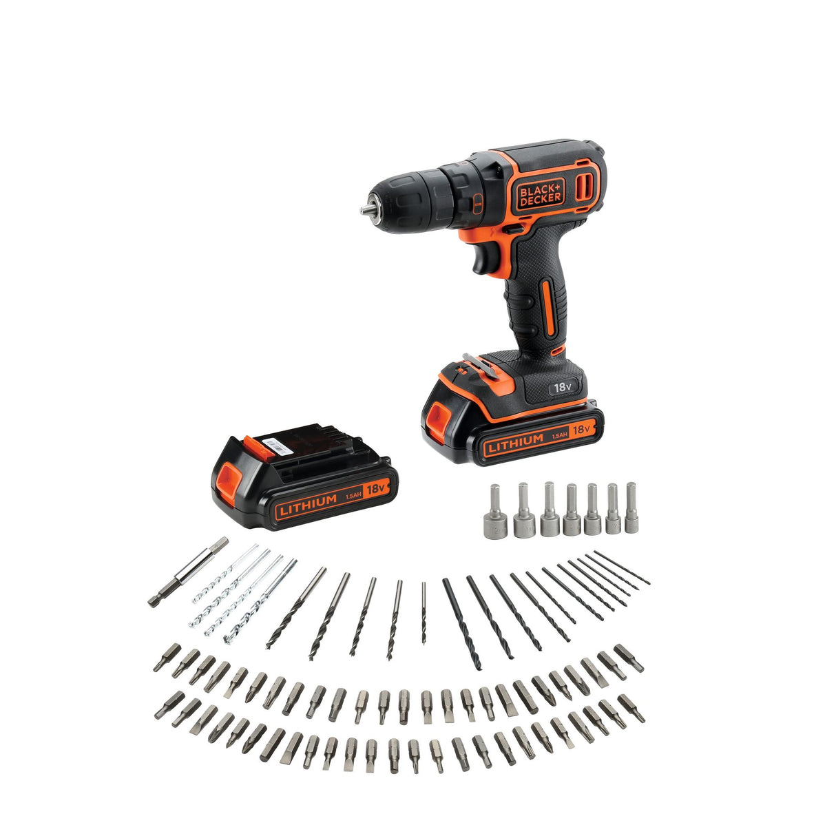BLACK+DECKER Perceuse-visseuse sans fil 18V batteries 1,5Ah et chargeur et 80 accessoires BDCDC18BAFC-QW