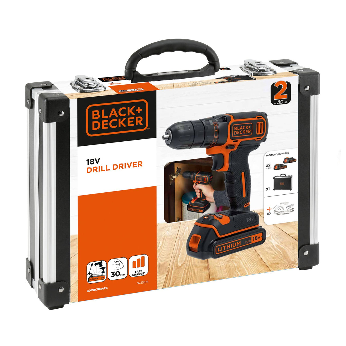 BLACK+DECKER Perceuse-visseuse sans fil 18V batteries 1,5Ah et chargeur et 80 accessoires BDCDC18BAFC-QW