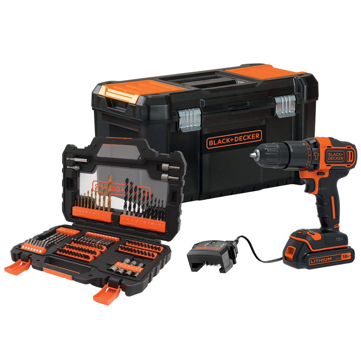 BLACK+DECKER Perceuse à percussion sans fil 18V batterie 1,5Ah avec 104 accessoires BDCHD18S1KA-QW