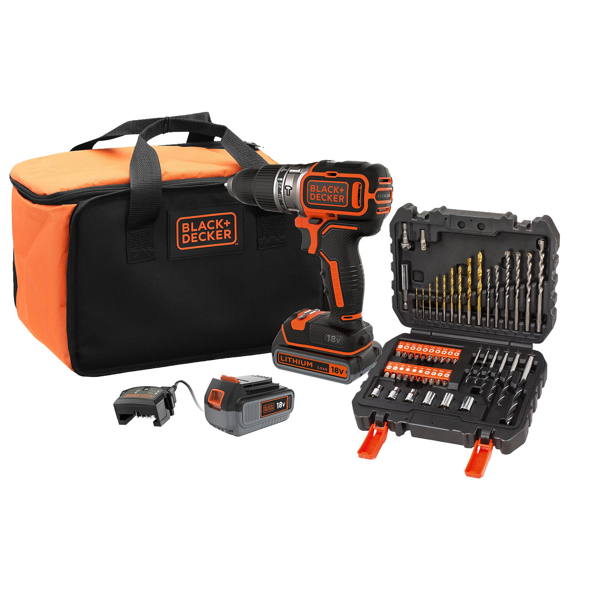 BLACK+DECKER Perceuse à percussion sans fil Brushless 18V batterie 4Ah et 2,5Ah avec 50 accessoires BL188ME2SA-QW