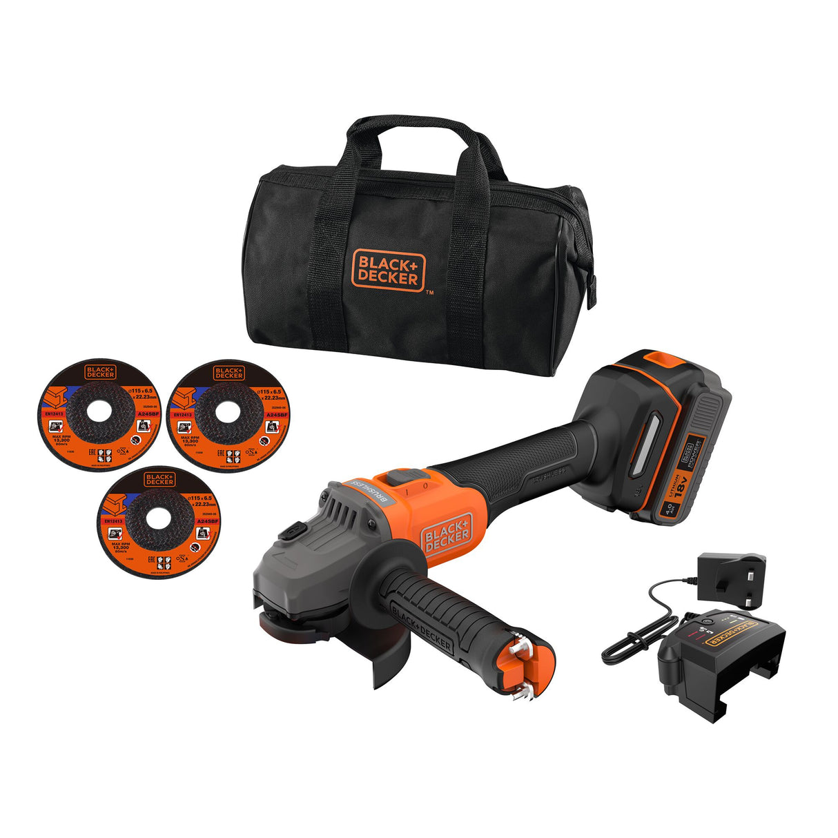 Meuleuse sans fil BLACK+DECKER noire et orange, avec disques, chargeur et sac de transport