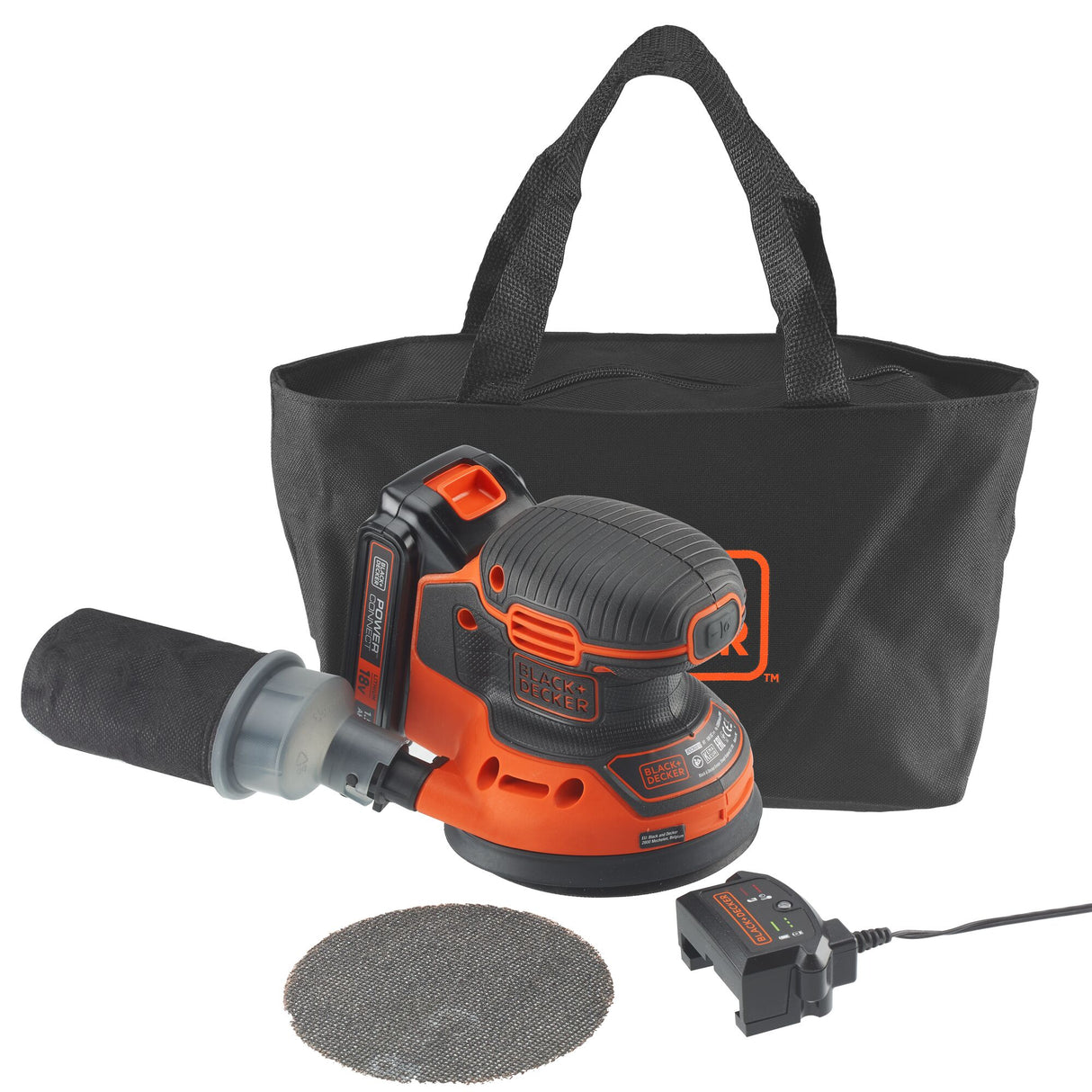 Ponceuse orbitale Black+Decker orange et noire avec sac de transport et chargeur