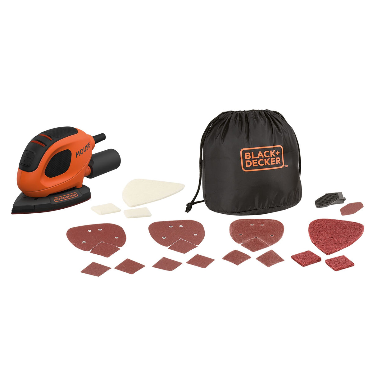 Ponceuse électrique Black+Decker, type ponceuse triangulaire, couleur orange et noire, avec accessoires.