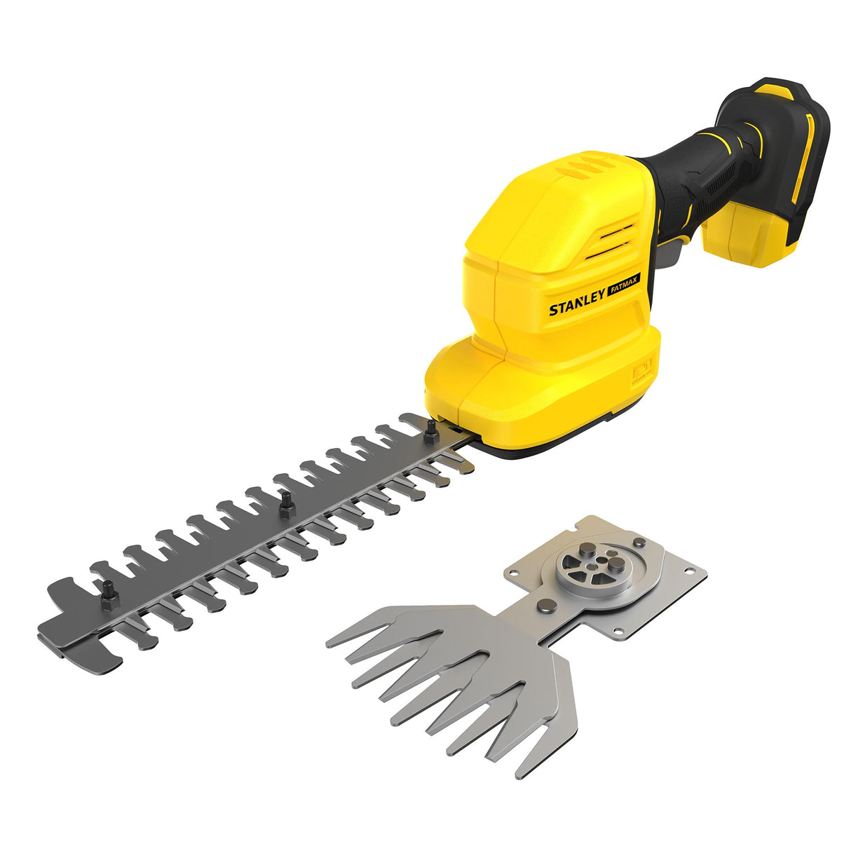 Taille-haie sans fil Stanley jaune, outil de jardinage avec lame interchangeable.