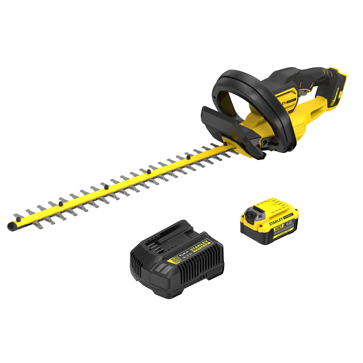 Taille-haie Stanley jaune et noir avec batterie et chargeur, outil de jardin sans fil.
