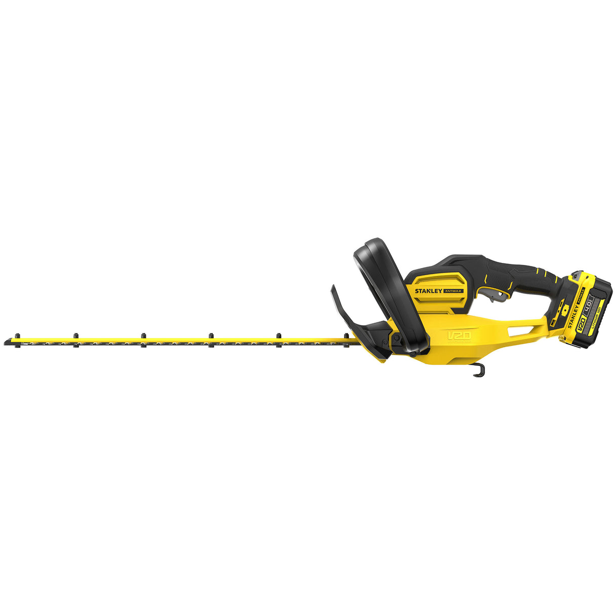Taille-haie électrique Stanley, type outil de jardin, couleur jaune et noir.