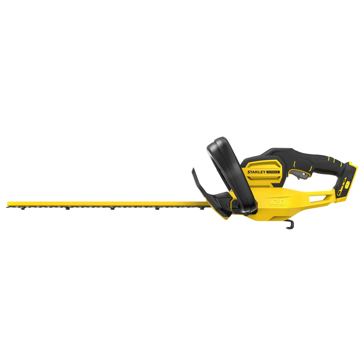 Taille-haie Stanley, électrique, couleur jaune et noir, robuste et ergonomique.
