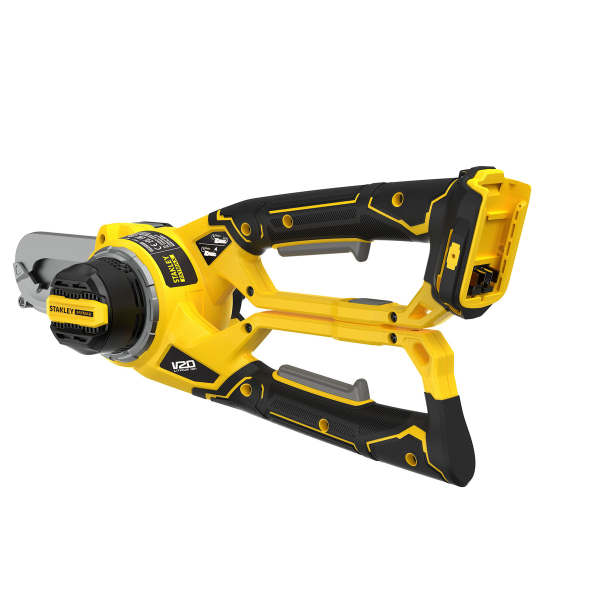 Scie élagueuse Stanley jaune et noire, outil électroportatif pour coupe de branches