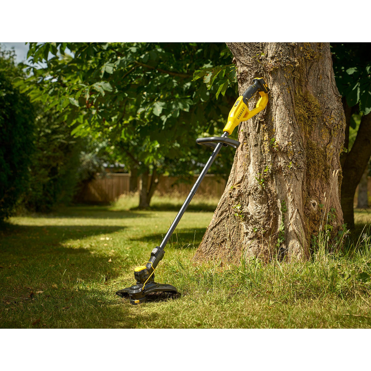Coupe-bordure DEWALT jaune et noir, outil de jardin électrique posé contre un arbre