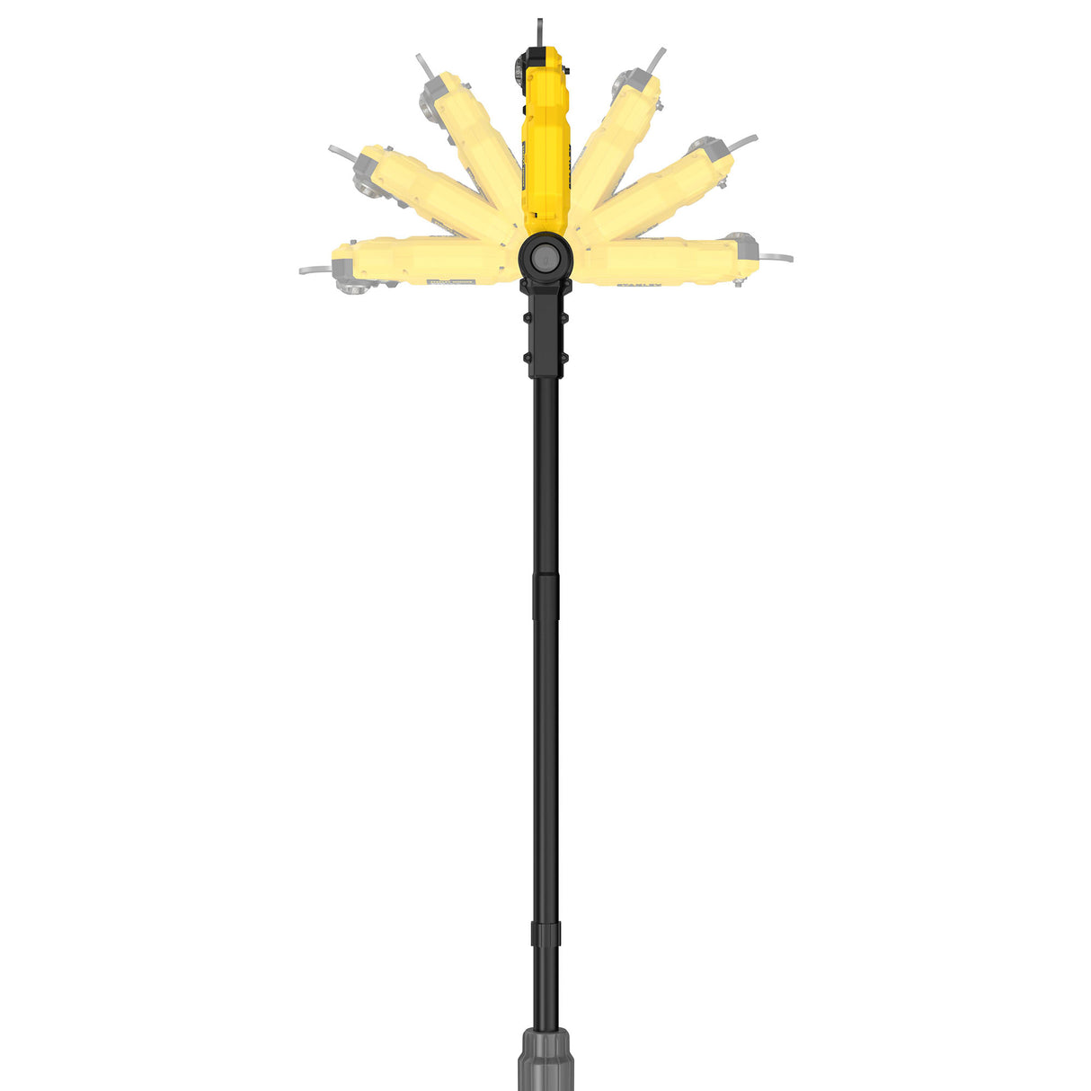Taille-haie DeWalt jaune, outil de jardinage télescopique avec tête ajustable.