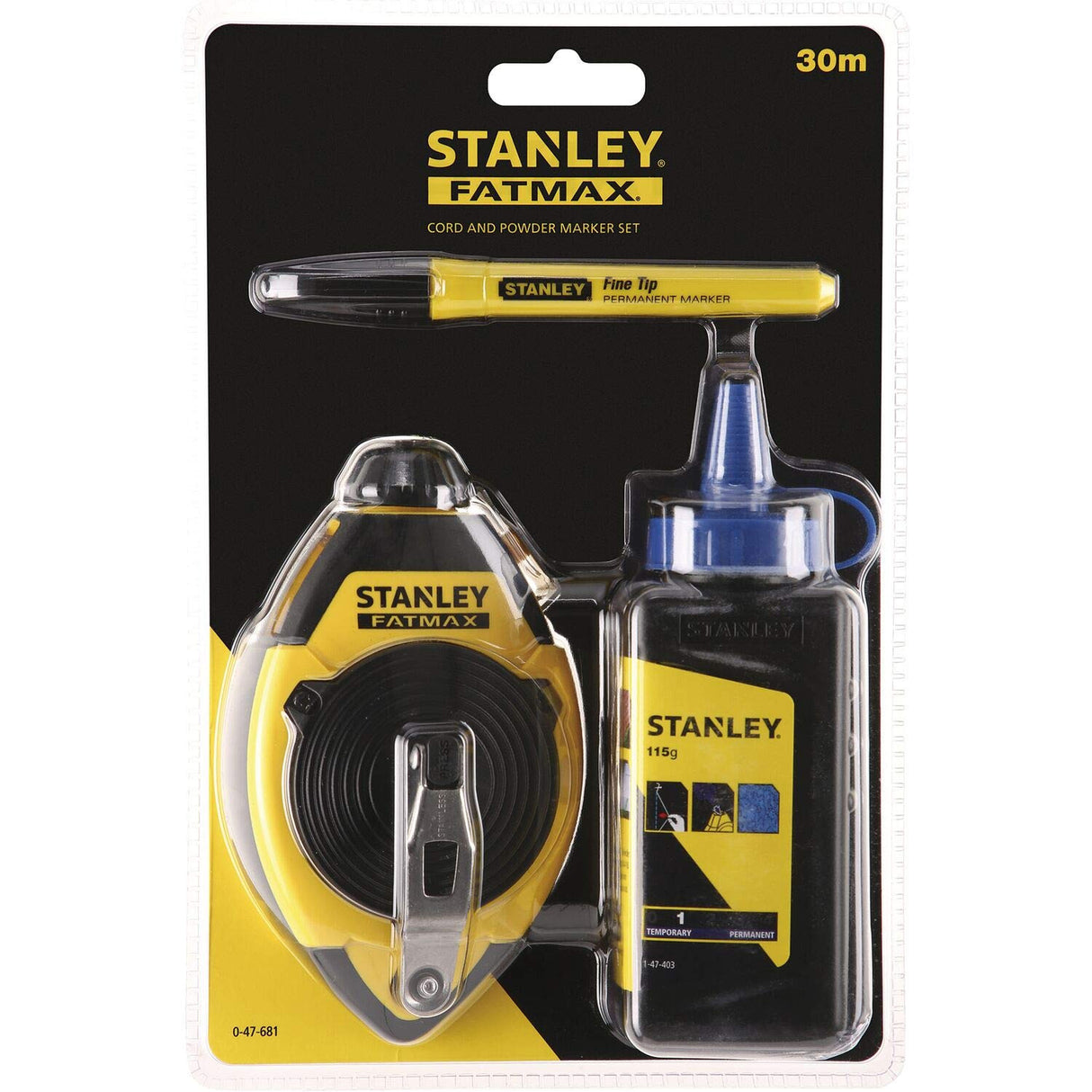 STANLEY FATMAX Kit cordeau traceur 30mm avec 1 biberon de poudre de traçage et 1 feutre 0-47-681