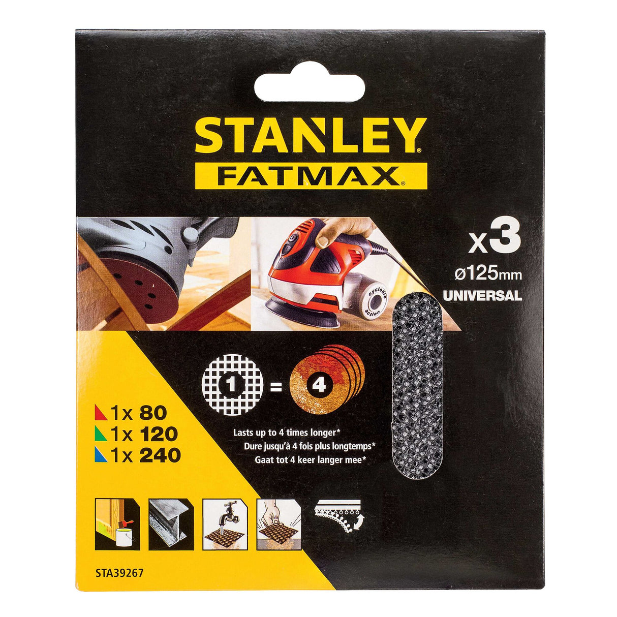 STANLEY Assortiment de 3 abrasifs excentrique Ø125mm maille auto-aggripants grains 80, 120 et 240 STA39267-XJ