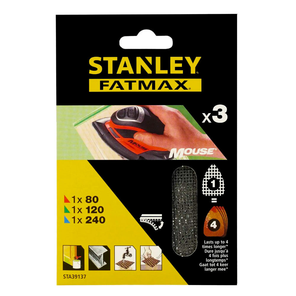 STANLEY Assortiment de 3 abrasifs maille auto-aggripants grains 80, 120 et 240 STA39137-XJ