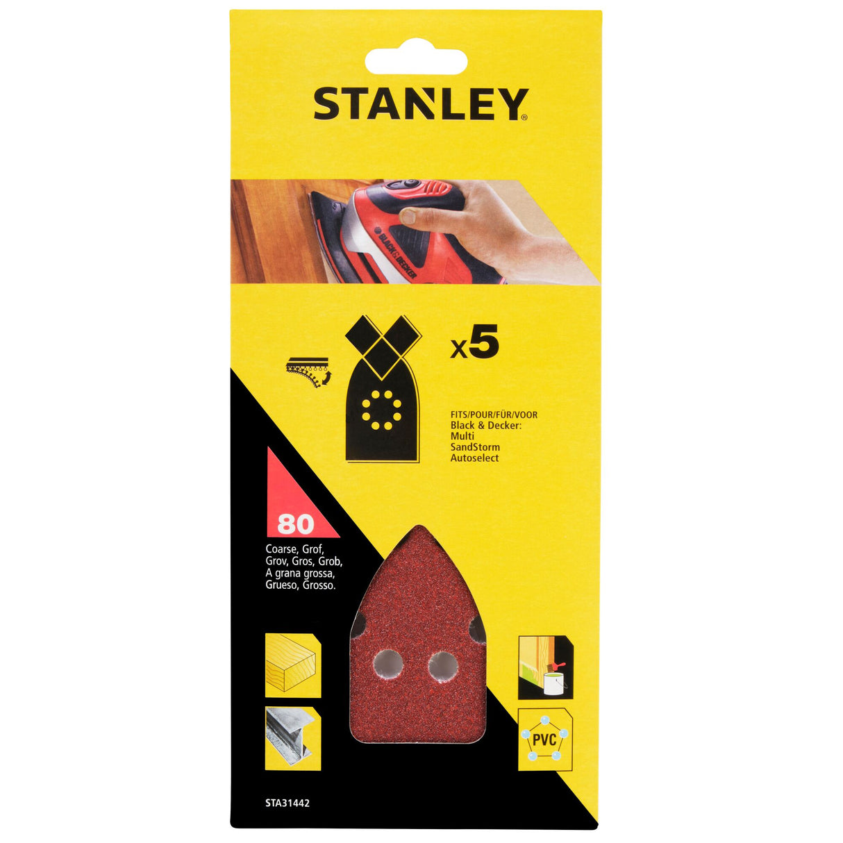 STANLEY 5 abrasifs corindons pointus qualité supérieure auto-agrippants grain 80 STA31442-XJ