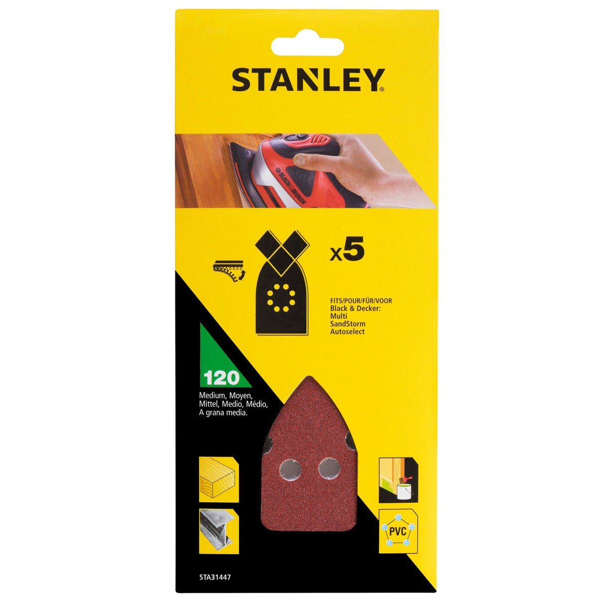 STANLEY 5 abrasifs corindons pointus qualité supérieure auto-agrippants grain 120 STA31447-XJ