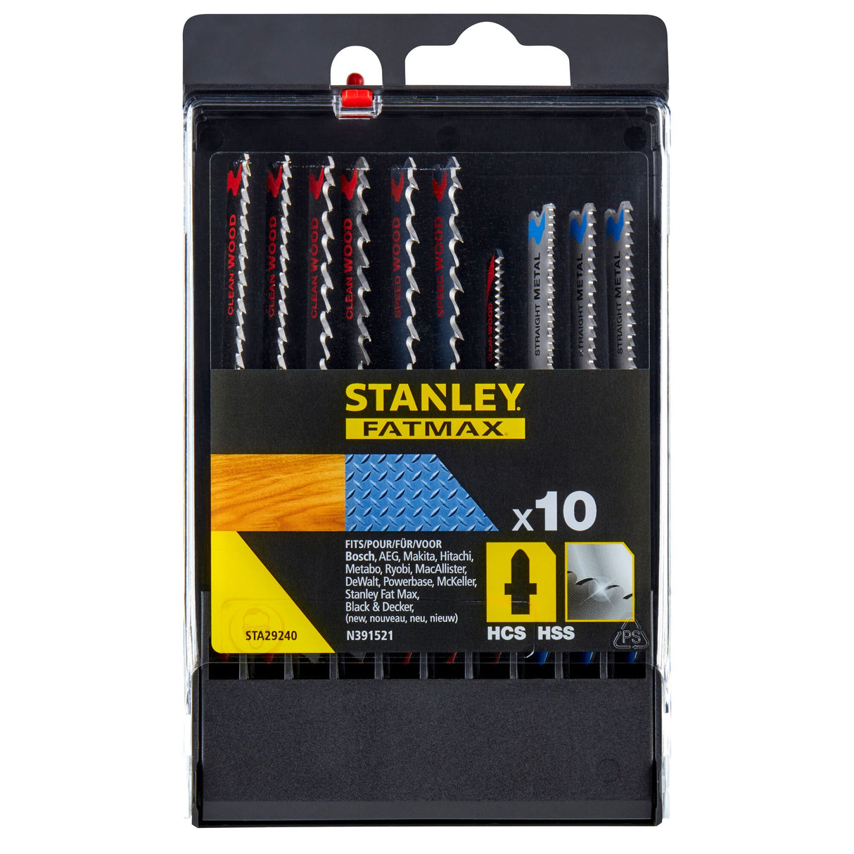 STANLEY Coffret de 10 lames de scie sauteuse : 7 lames bois HCS et 3 lames métal HSS attache en T STA29240-XJ