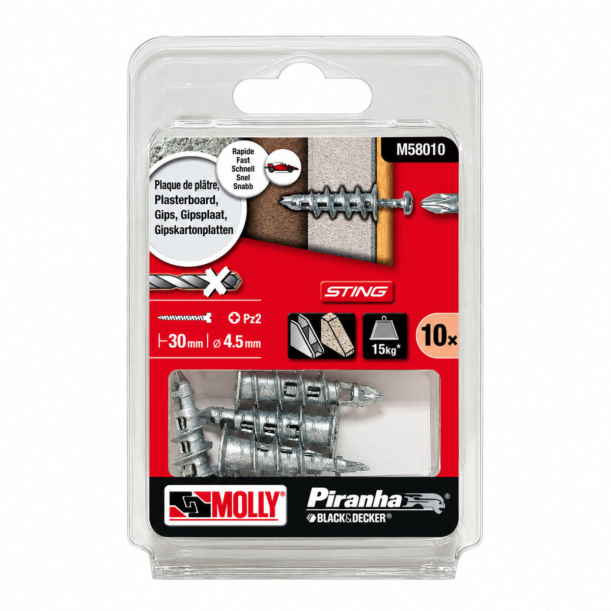 Molly 10 Chevilles auto-foreuses Sting M4 x 39 mm avec vis