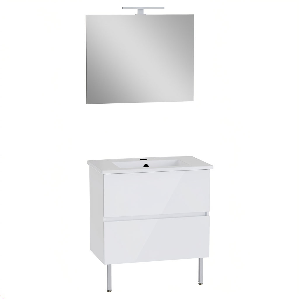 Meuble de salle de bain blanc avec miroir, marque Sanindusa, moderne et épuré.