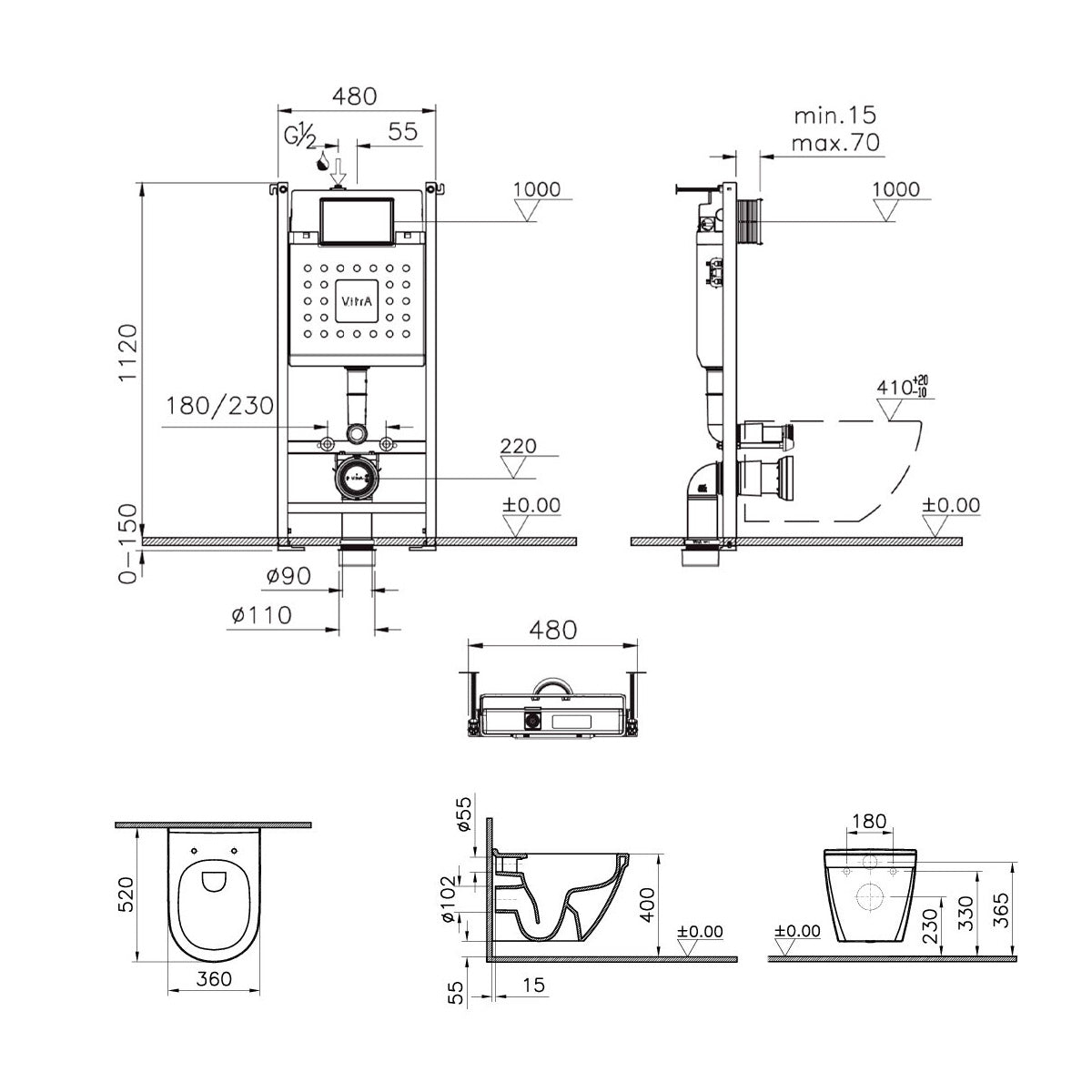 VitrA Pack WC S50 suspendu cuvette carénée et bâti-support mur porteur avec plaque