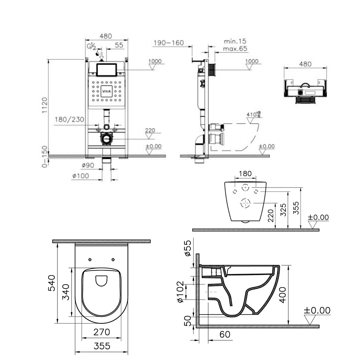 VitrA Pack WC Mia suspendu cuvette carénée fixations invisibles et bâti-support autoportant avec plaque