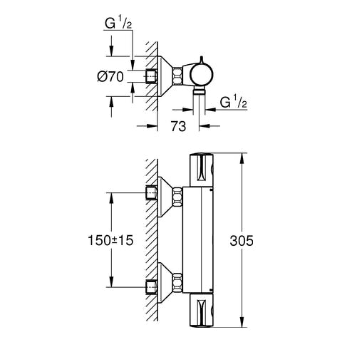 Schéma technique mitigeur Grohe, robinetterie chromée, dimensions détaillées.