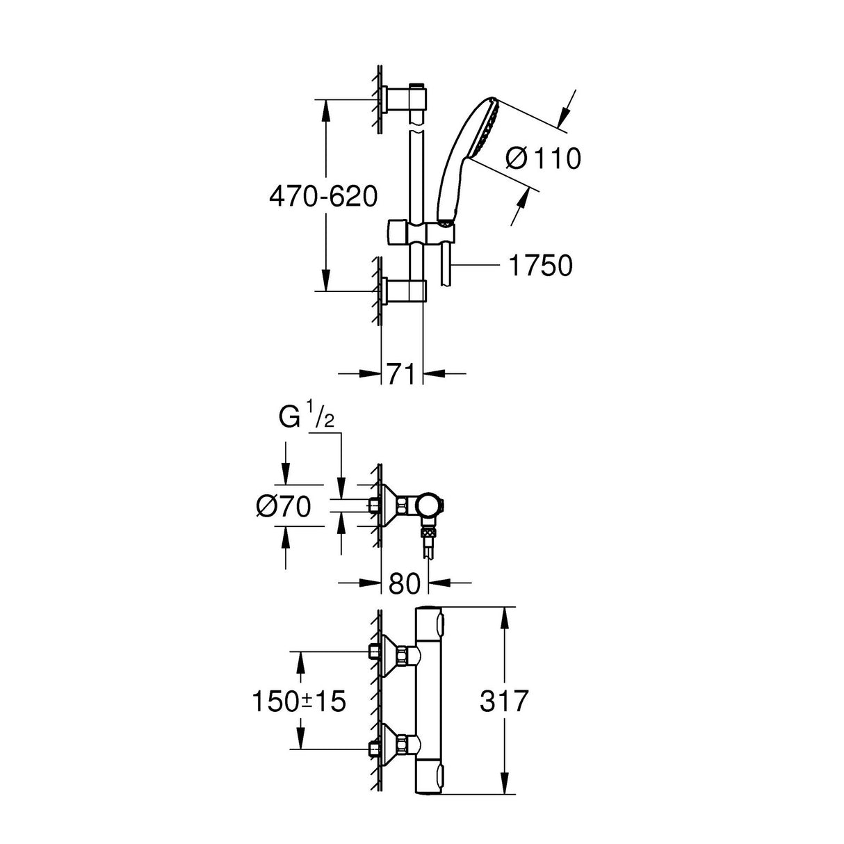 GROHE Set de douche 1 jet avec mitigeur thermostatique Precision Flow 34800001