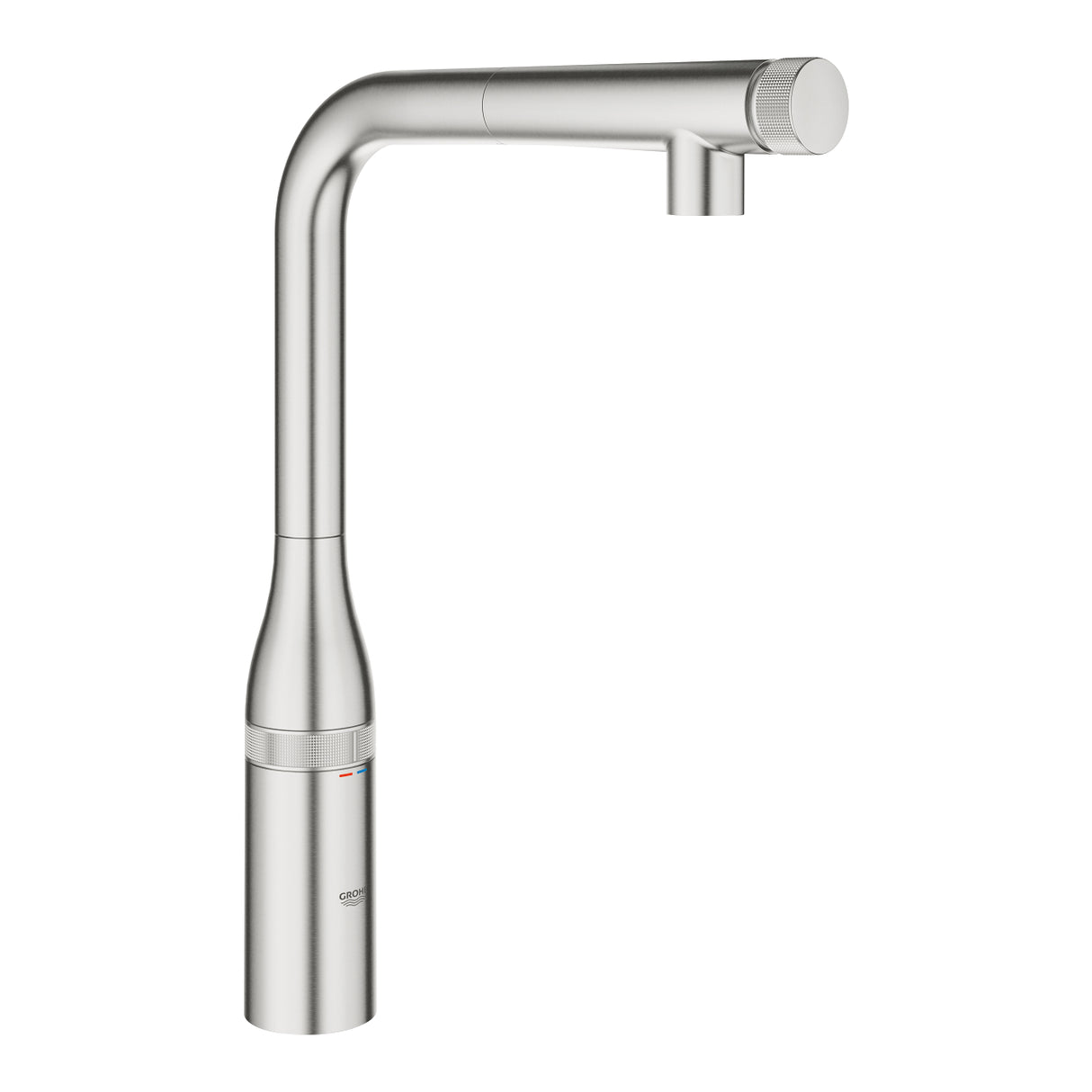 Mitigeur Grohe, robinet de cuisine en inox, couleur argent brossé, design moderne.