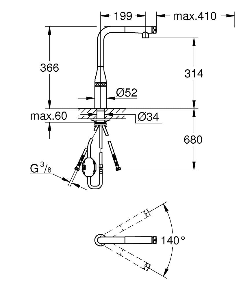 Mitigeur Grohe, robinet de cuisine chromé, schéma technique avec dimensions, couleur argent.