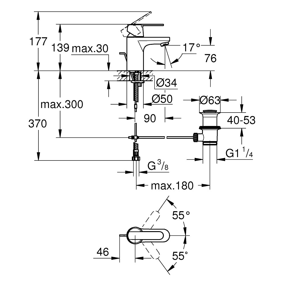 Plan technique mitigeur Grohe, robinet lavabo chromé avec dimensions détaillées.