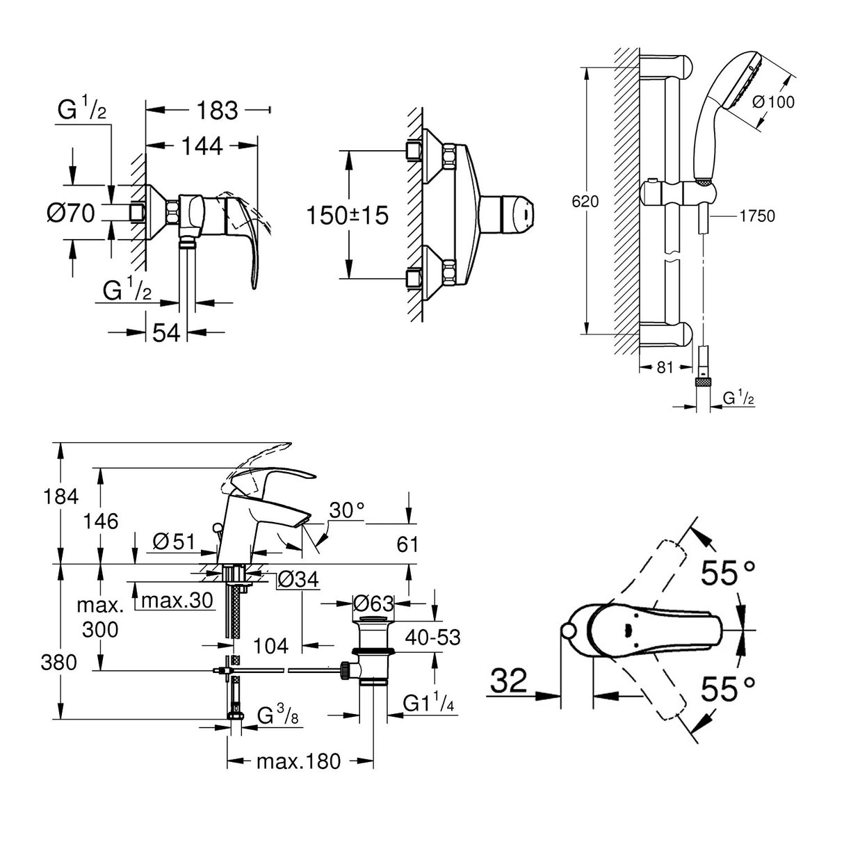 GROHE Set de salle de bain avec barre de douche, flexible et douchette, mitigeur douche et mitigeur lavabo Eurosmart 123576