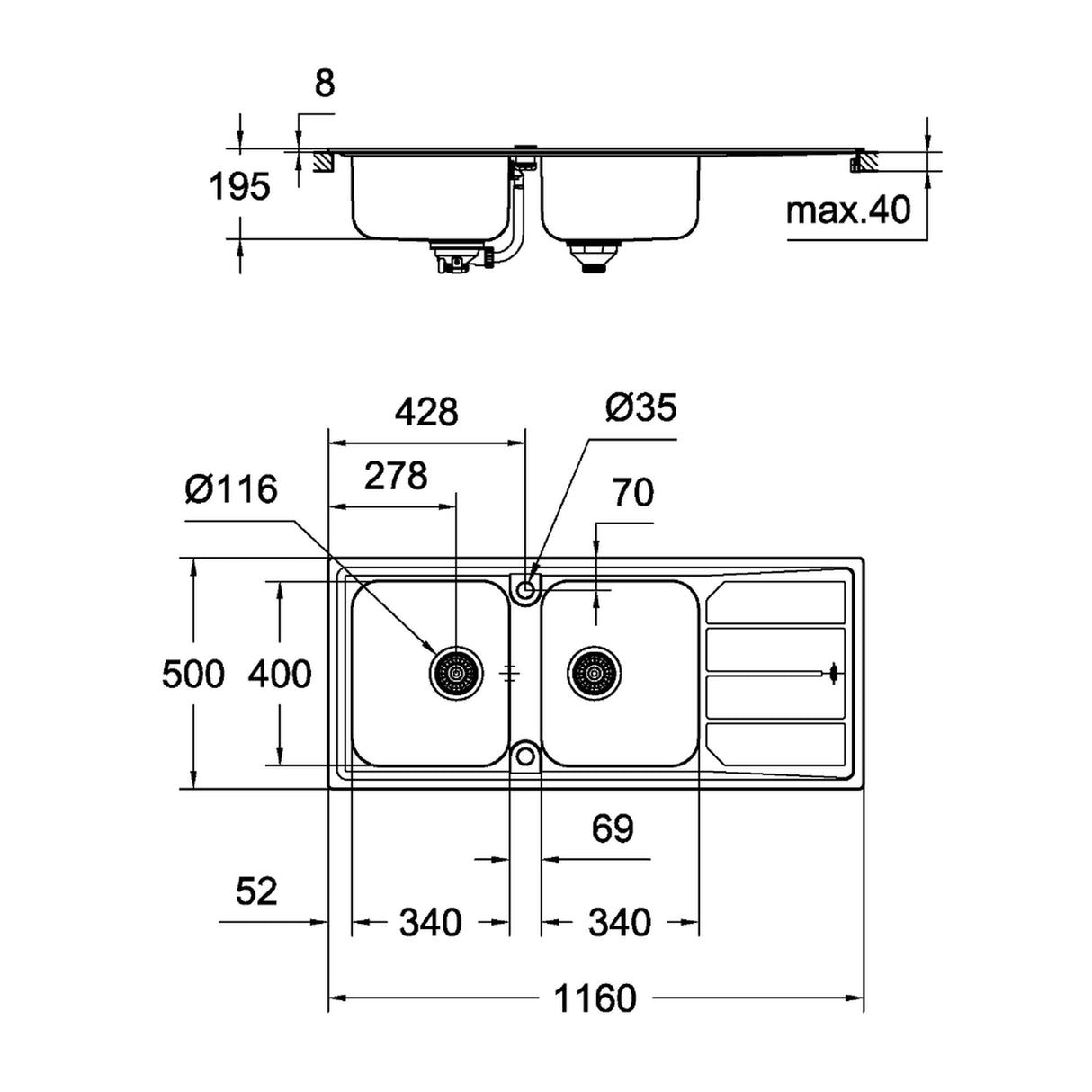 GROHE K500 Evier à encastrer 2 bacs en acier inoxydable 116cm x 50cm