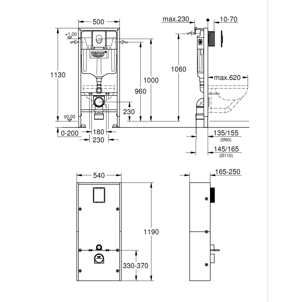 GROHE Pack bâti-support WC Solido Rapid SL avec habillage prêt à carreler et plaque de commande Start