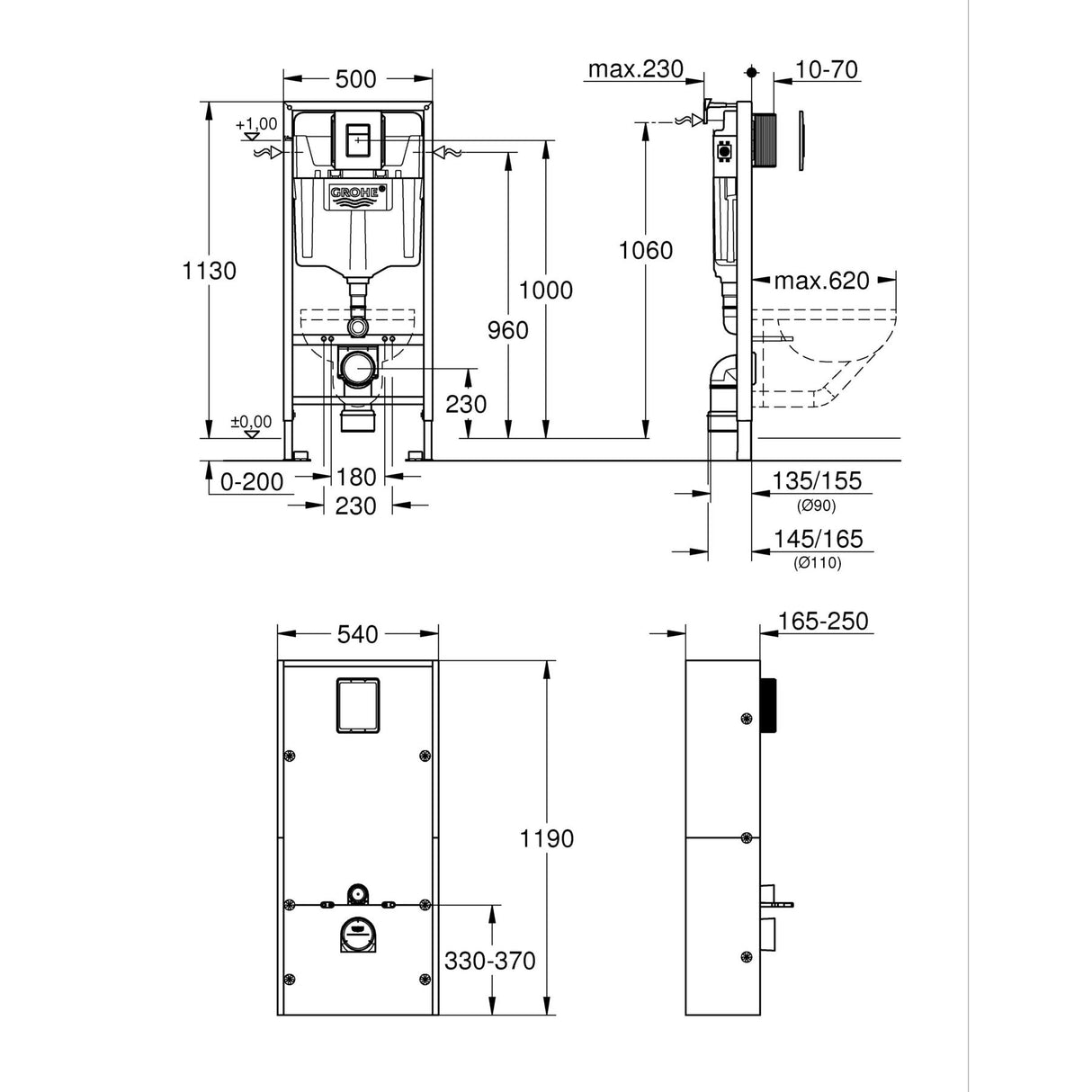 GROHE Pack bâti-support WC Solido Rapid SL avec habillage prêt à carreler et plaque de commande Even