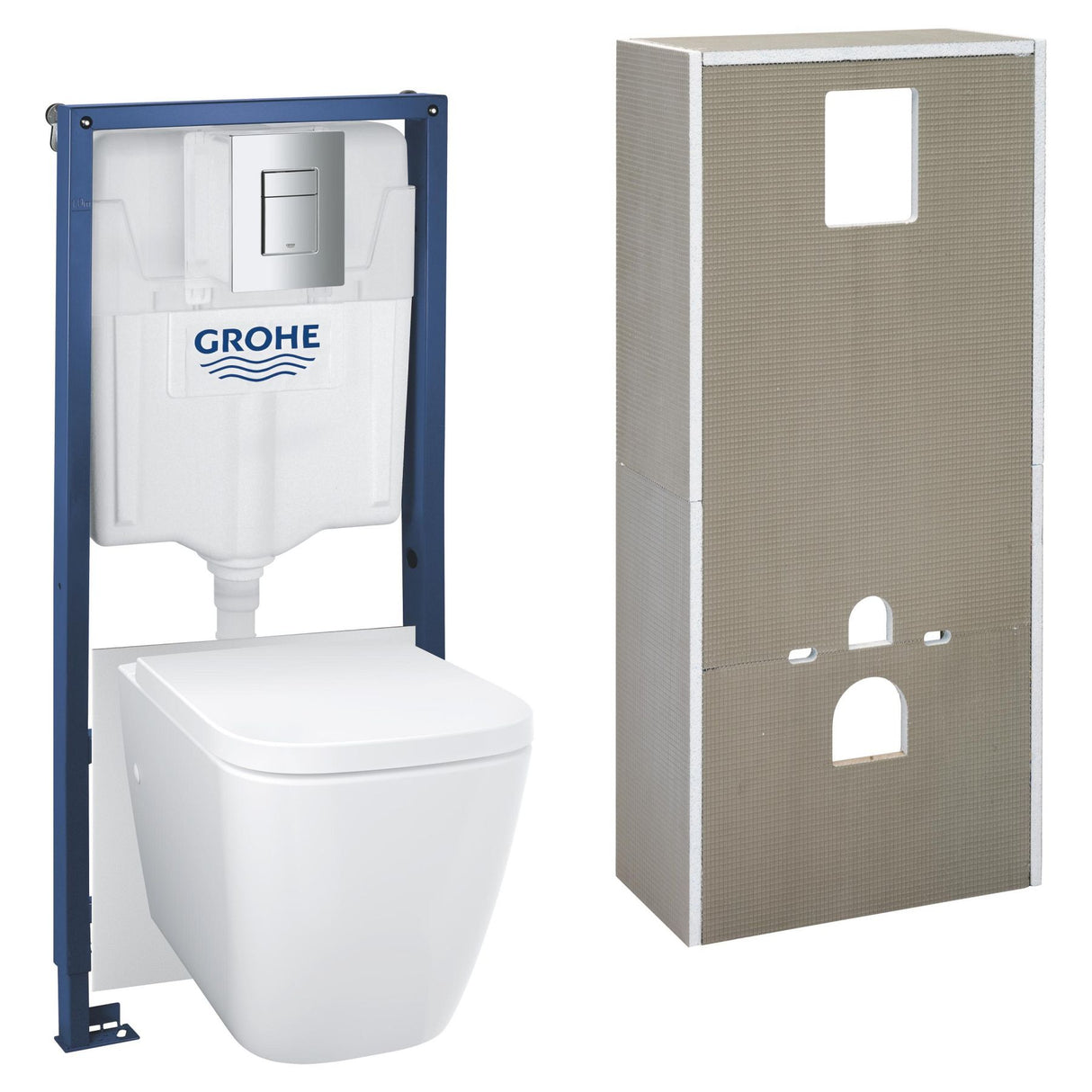 GROHE Pack WC suspendu Solido, cuvette sans bride, plaque de commade chromée, isolant et habillage à carreler
