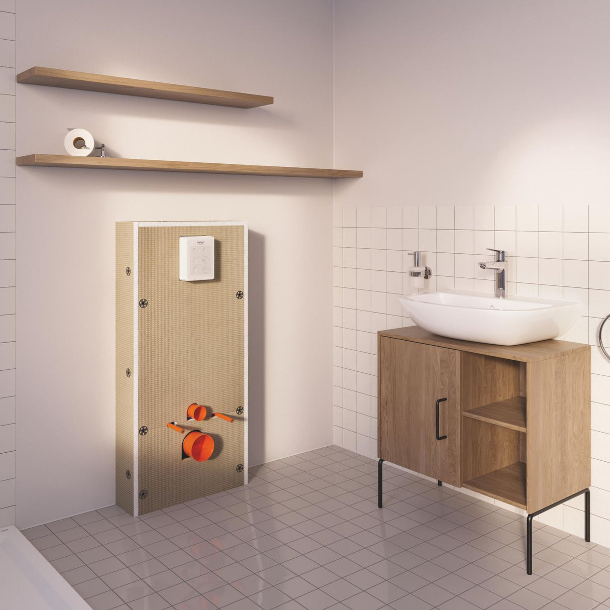 GROHE Pack WC suspendu Solido, cuvette sans bride, plaque de commade chromée, isolant et habillage à carreler