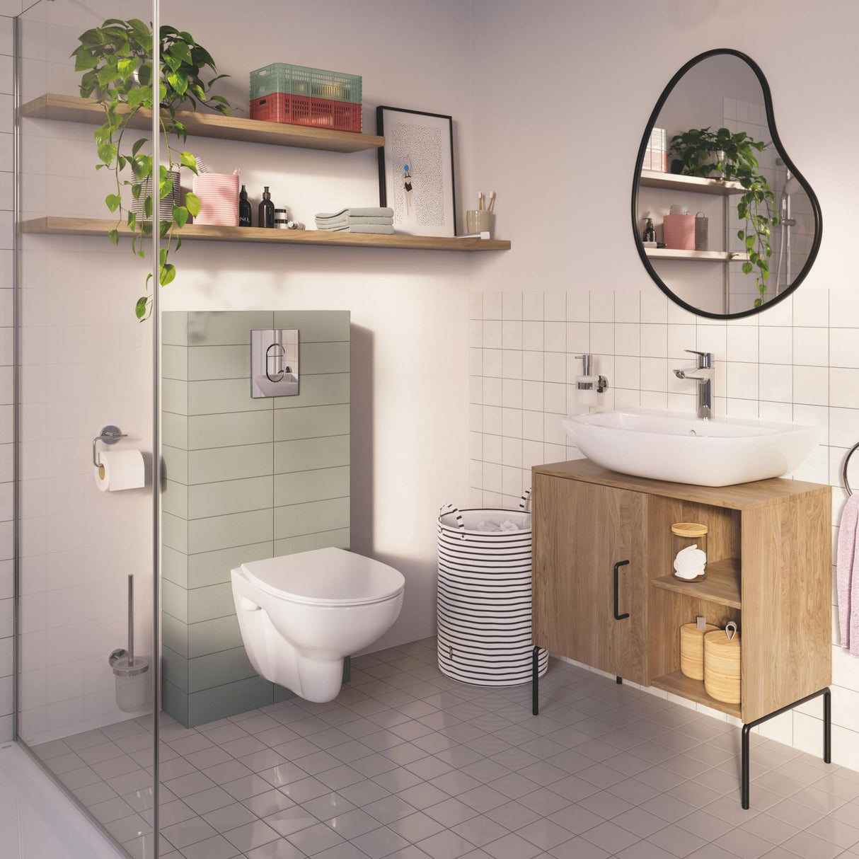 GROHE Pack WC suspendu Solido, cuvette sans bride, plaque de commade chromée, isolant et habillage à carreler