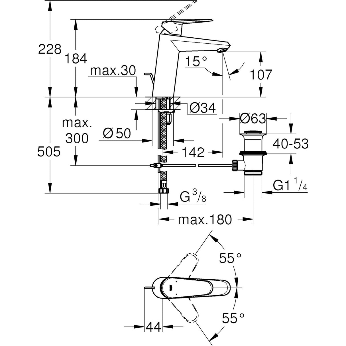GROHE Mitigeur lavabo Eurodisc Cosmopolitan Ohm taille M, Chrome avec vidage