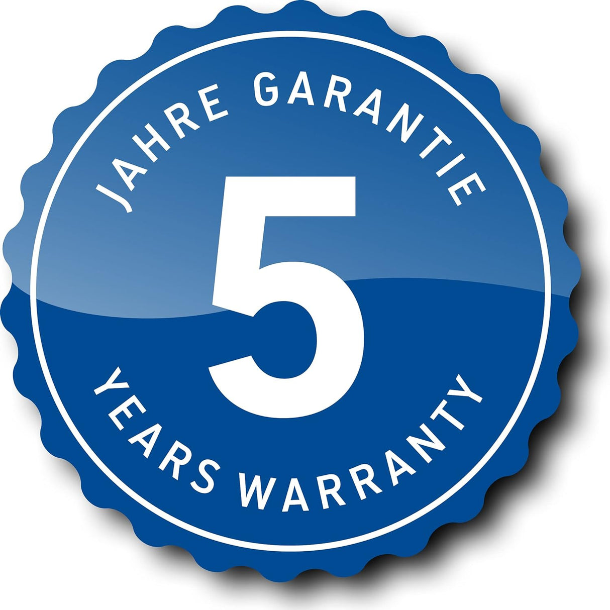 Badge Grohe, autocollant garantie 5 ans, rond de couleur bleue.